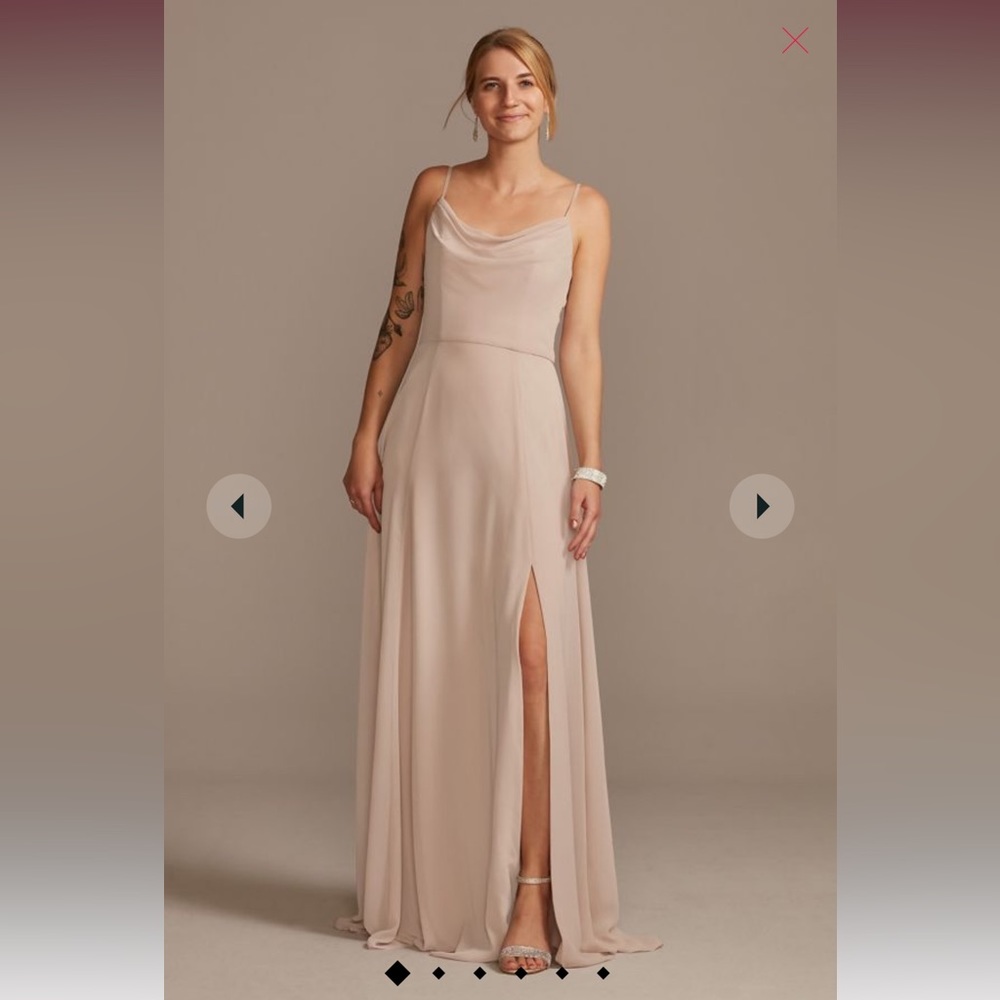 David’s Bridal cowl neck chiffon bridesmaid dress with slit